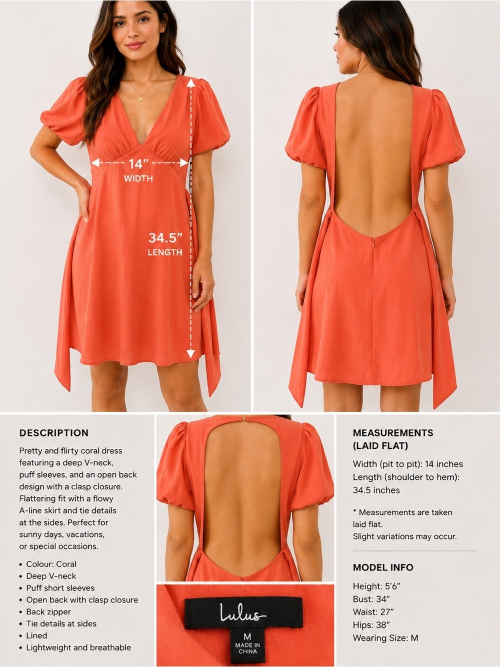 Lulu's Coral Open-Back Puff Sleeve Mini Dress